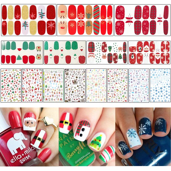 15 Sheets Christmas Nail Decals, 7 Sheets Nail Polish Stickers and 8 Sheets Patterns Stickers, Full Wraps Strips and Self-Adhesive Tips Set for DIY Nail Art Stencil (1000Pcs)