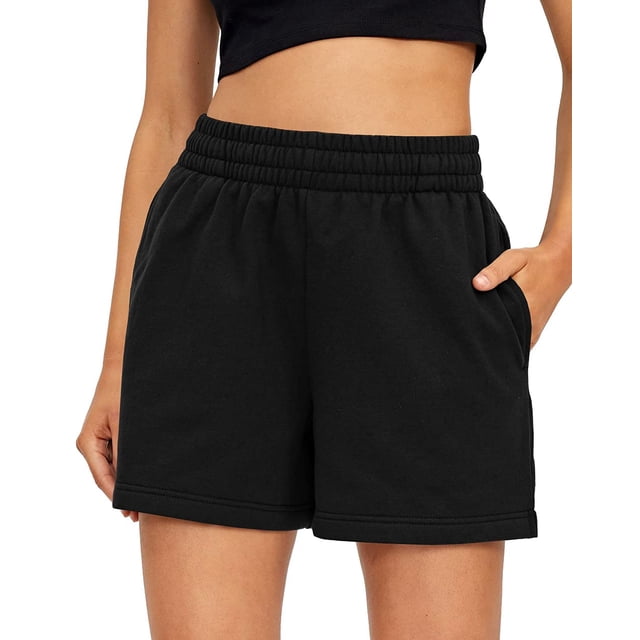 AUTOMET Pantalones cortos deportivos para mujer, informales, de verano, de cintura alta, cómodos pantalones cortos para correr, pantalones cortos de gimnasio con bolsillos, color negro