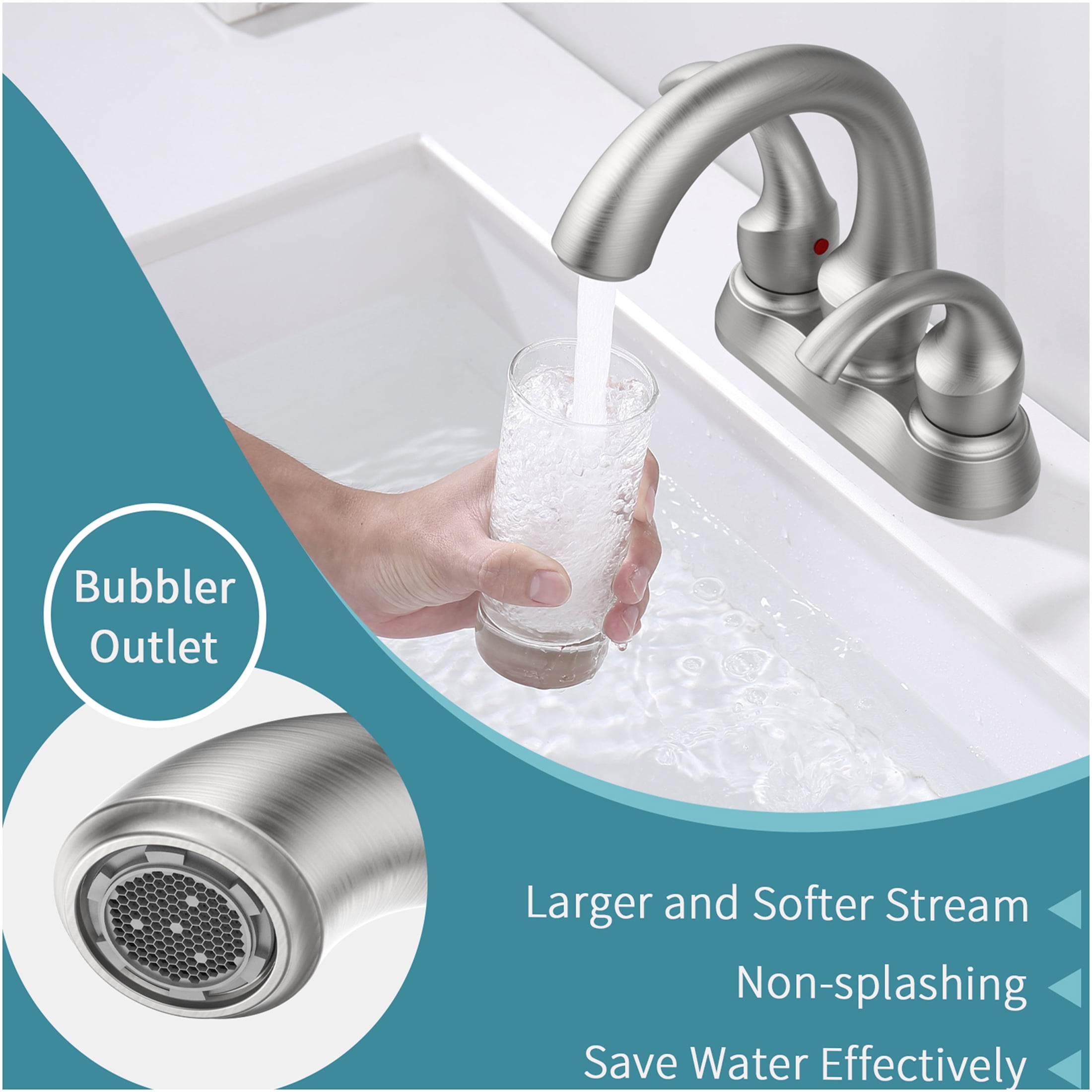 JERFIT 4-inch Centerset Bathroom Faucet, 2-Handle Brushed Nickel Vanity Sink Faucet with Pop-Up Drain, Water-Saving Aerator, Deck Mount Modern Swan Spout