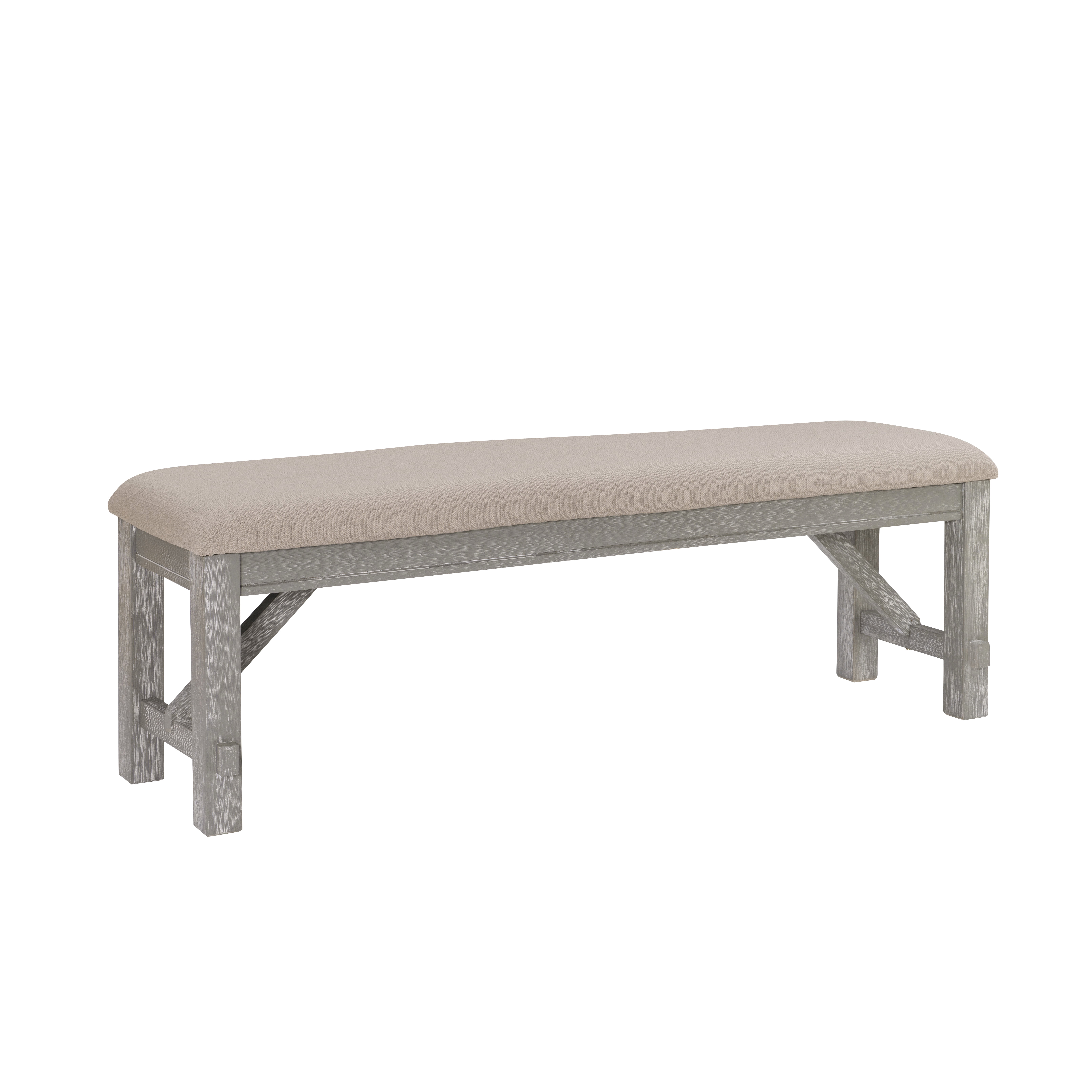 Correll Farmhouse Dining Bench, Weathered Gray Base with Tan Fabric