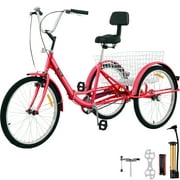 VEVOR Foldable Adult Tricycle 24'' Wheels Tricycle, 1-Speed Red Trike, 3 Wheels Colorful Bike with Basket, Portable and Foldable Bicycle for Adults Exercise Shopping Picnic Outdoor Activities