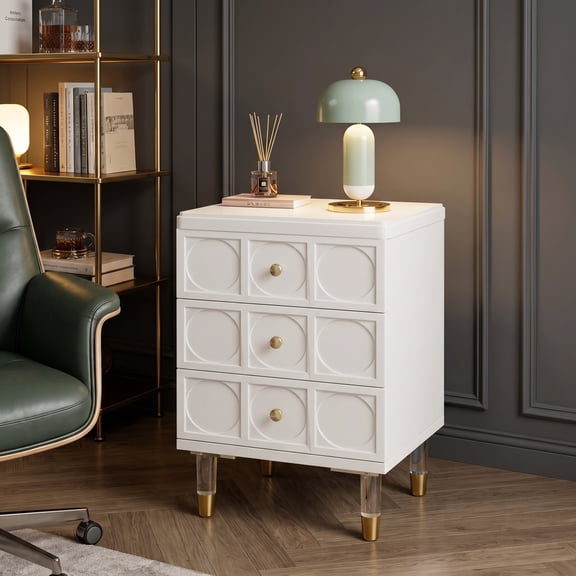Fnova Nightstand with 3 Drawers, White and Gold Nightstands Bedside Table, Modern Night Stand, Small Chest of Drawers, Sofa End Tables with Storage for Dorm, Bedroom