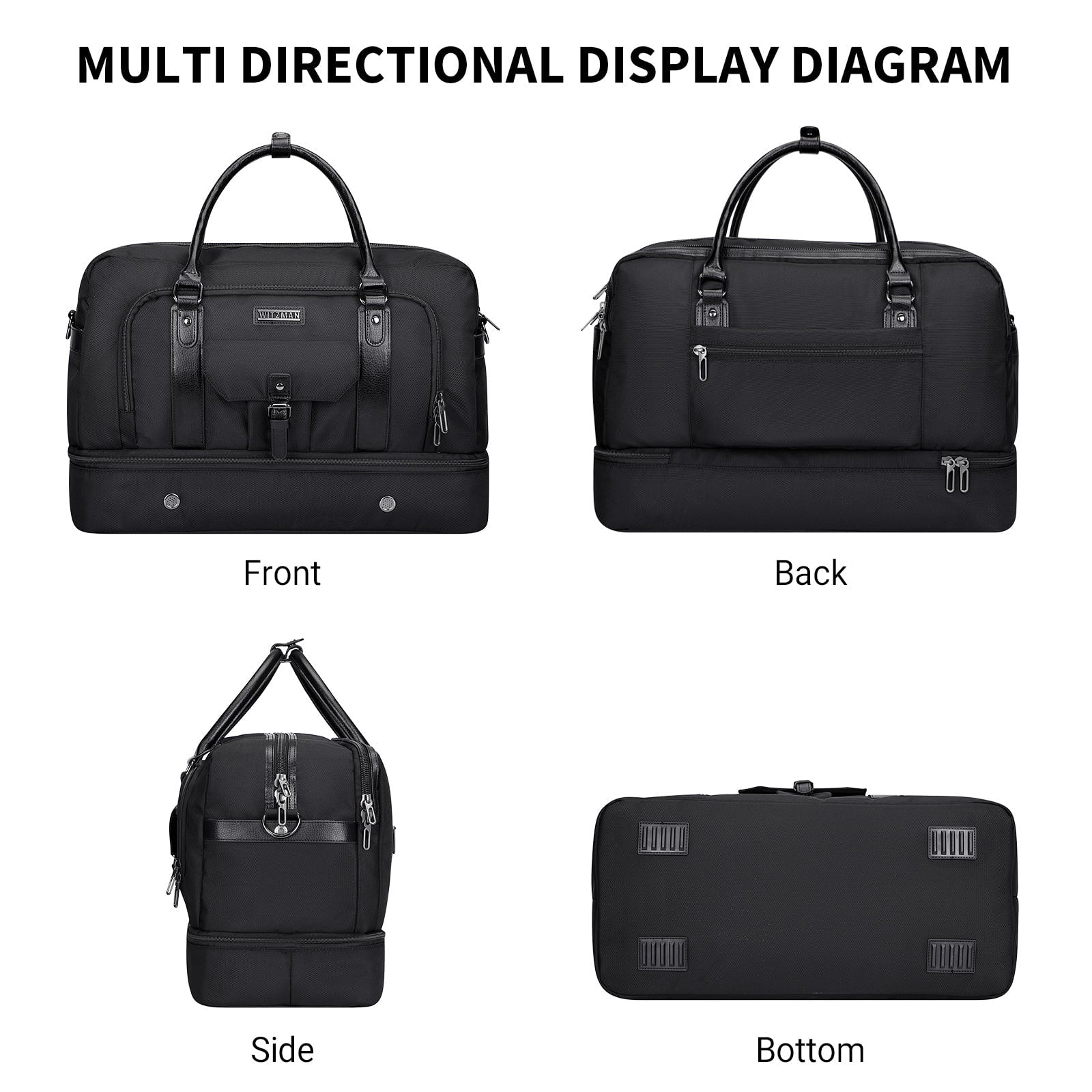 WITZMAN Weekender Bags for Men Women Carry on Duffle Overnight Bag with Toiletry Bag Sets Travel Duffel Bag Shoes Compartment（B694 Black）