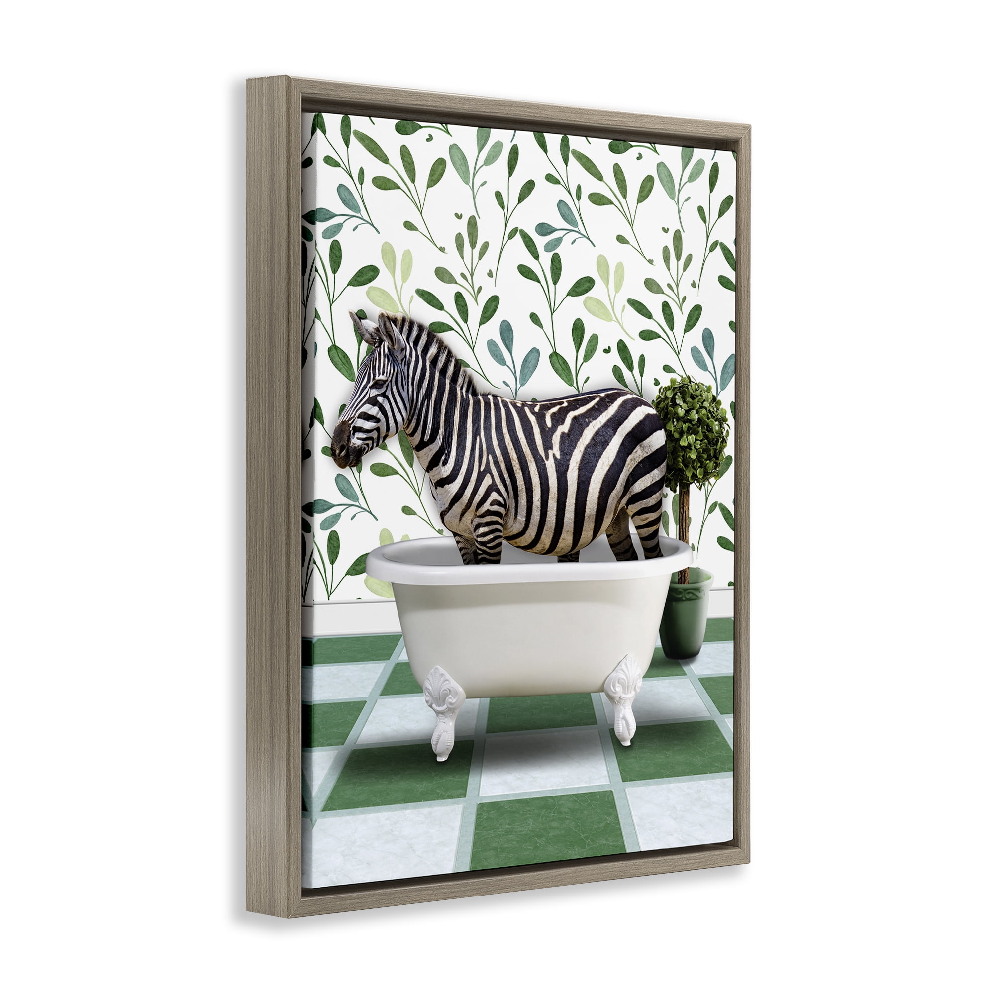 Stupell Industries Zebra in Green Bathroom Bath & Laundry Painting Brown Floater Framed Canvas Art Print Wall Art, 25 x 31