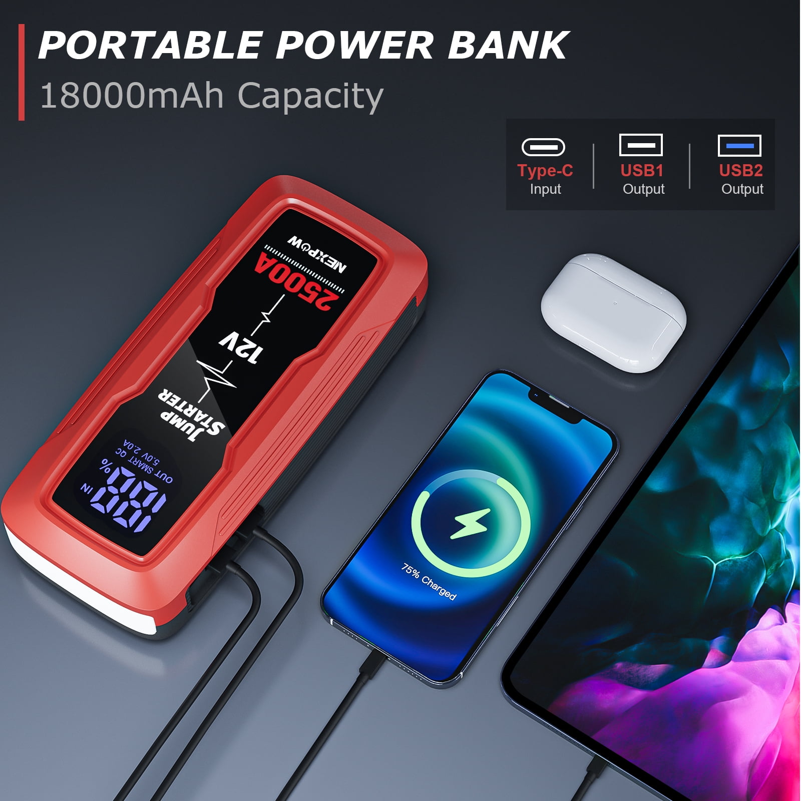 NEXPOW 2500A Car Jump Starter, 18000mAh Battery Starter with LED Display (up to 8.0L Gas & 6.0L Diesel Engine),12V Auto Jump Box with LED Light,USB QC 3.0