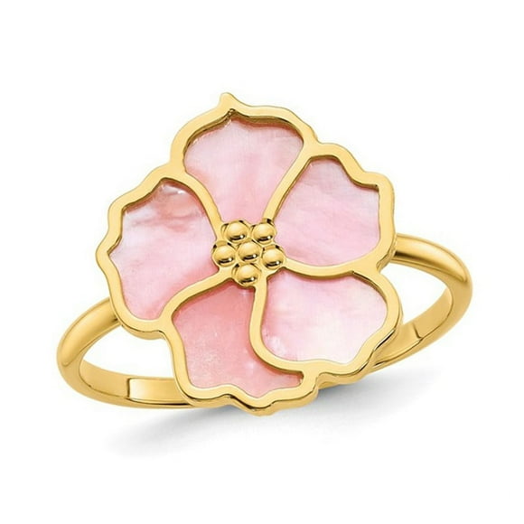 14 Karat Yellow Gold Pink Mother of Pearl Flower Ring