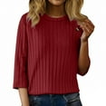 thumbnail image 2 of Chandails d'Automne Grande Taille pour Femmes Automne et Hiver Couleur Unie Col Rond Bas Rayé Ample Décontracté Manches Trois-Quarts, 2 of 5