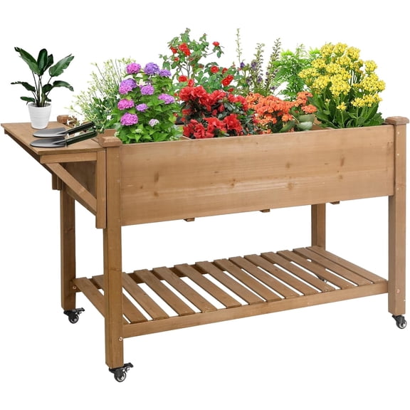 Petsblublu 55x24x32in Raised Garden Bed, Elevated Wood Planter w/ Wheels, Shelf, Liner - Brown