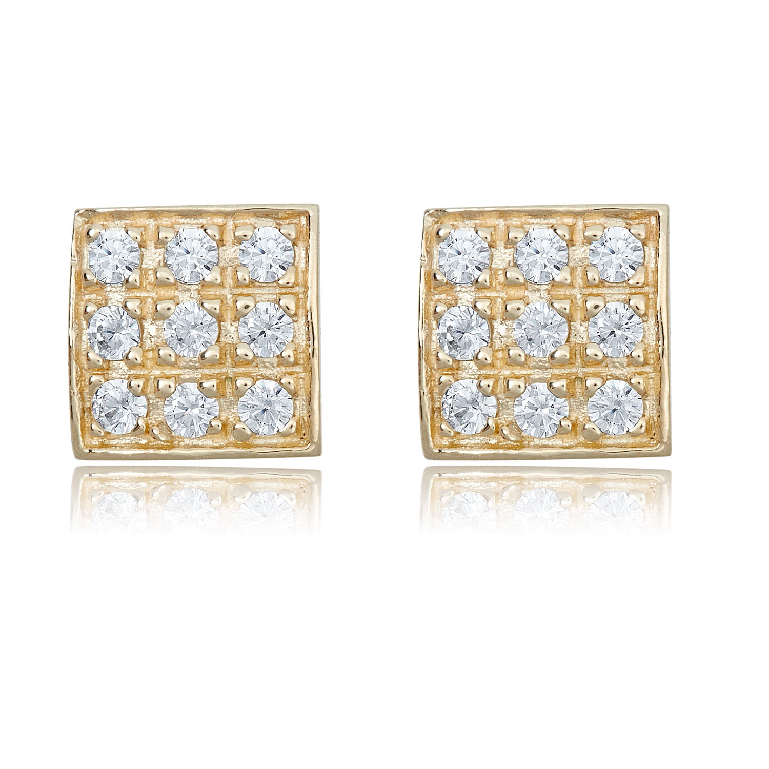 Gift Box 10k Y.Gold Square Basket Setting CZ Stud Earrings with Silicone Back 