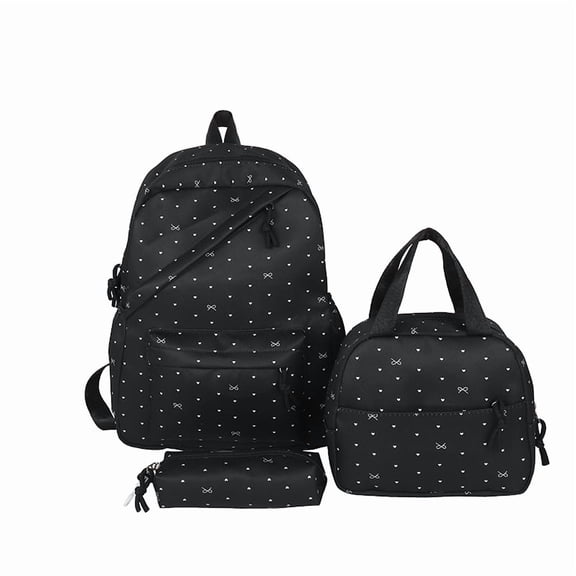Polka Dot Bow Backpack Set, Water Resistant Bookbag with Lunch Box and Pencil Case, Nylon Laptop Backpack for Outdoor College (Black)