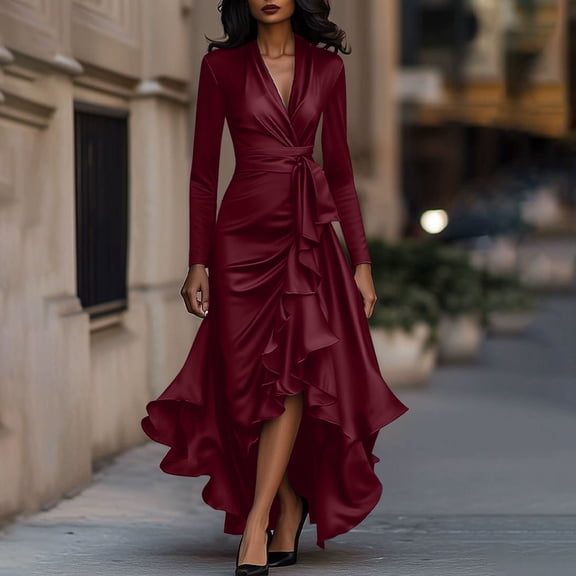 Nuoqisi Women Long Sleeve V Neck Tie Waist Satin Elegant Formal Cocktail Wedding Guest Bodycon Midi Dress