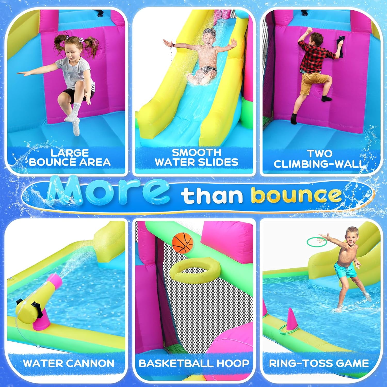 JOYMOR 8-in-1 Inflatable Water Slide Bounce House for Kids Backyard w/2 Slides, 2 Climbing Wall, Ring-Toss, Large Pool, 1min Blow Up Water Slide Includes 750w Air Blower, Storage Bag