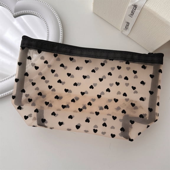 Zipper Mesh Bags Heart Makeup Bag, Cute Heart Mesh Cosmetic Bag Mesh Zipper Makeup Bag Toiletry Makeup Pouch Portable Travel Zipper Pouch for Women Girls Vacation Travel