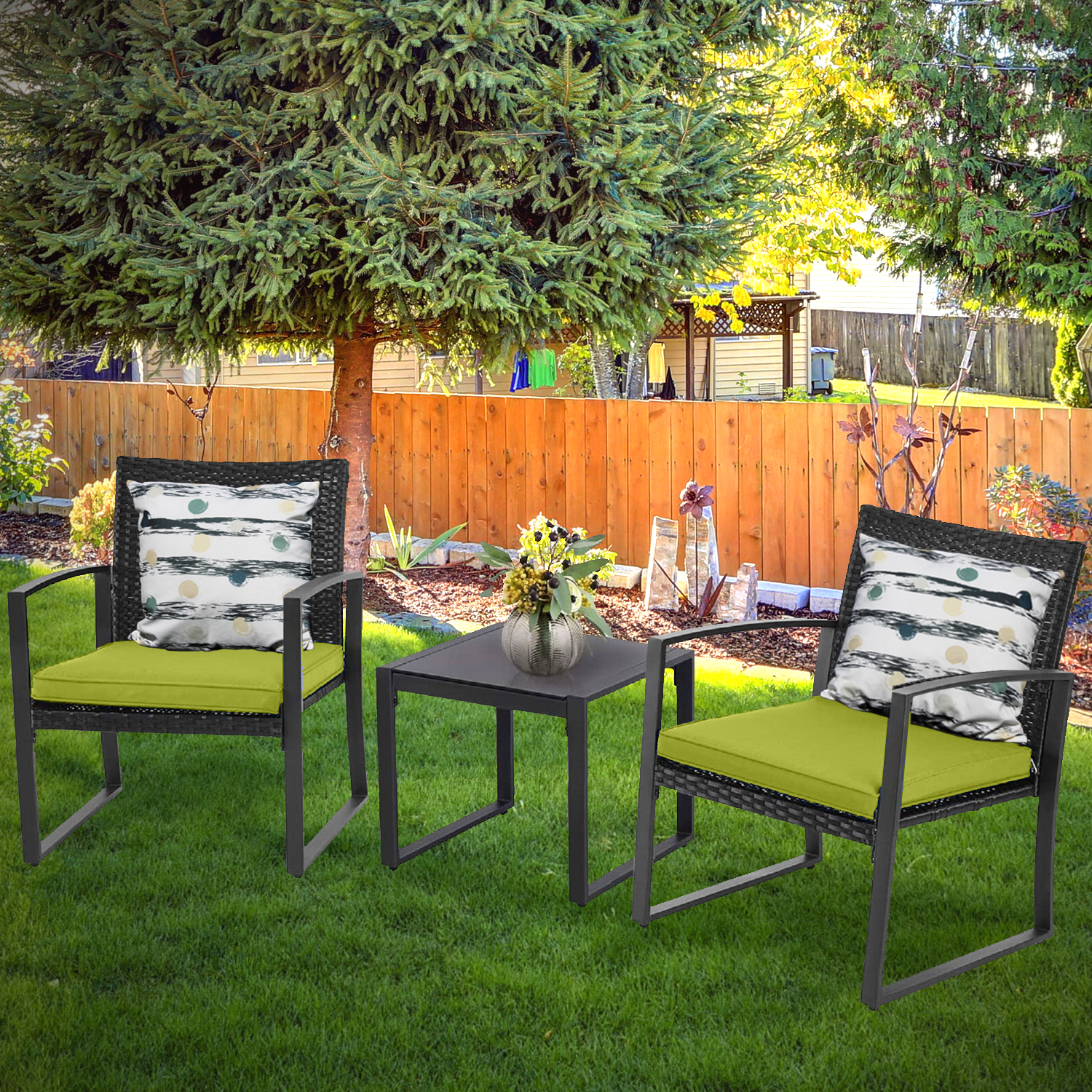 Outdoor 3-Piece Dialog Bistro Set Black Wicker Furniture-Two Chairs with Glass Coffee Table Green - image 1 of 7