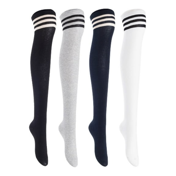 Lian LifeStyle Women's 4 Pairs Adorable Comfortable Soft Thigh High Over Knee High Cotton Socks, Size 6-9, JMYP1022 Black, LightGrey, Navy, White