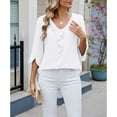 thumbnail image 6 of Ajshakl White V-Neck Casual Oversized Tshirts for Women, 2025 Chiffon Shirt Mid Sleeved Pleated Ruffled Loose Top Mid Sleeved Top, 6 of 7