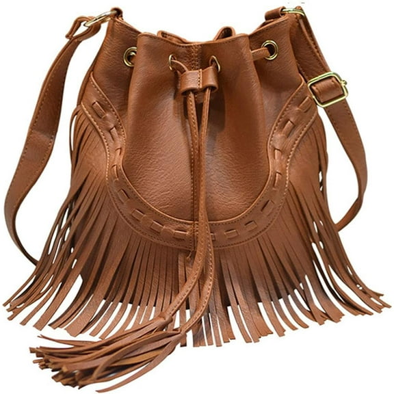 Women Small Fringed Faux Leather Crossbody Bag Drawstring Shoulder Bag Boho Bucket Bag