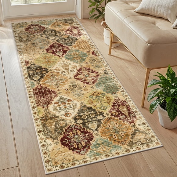 MeyJey Alfombra Vintage de Pasillo 2'x6', Alfombra Oriental Antideslizante Lavable a Máquina para Sala de Estar Recámara, Topo/rojo/verde