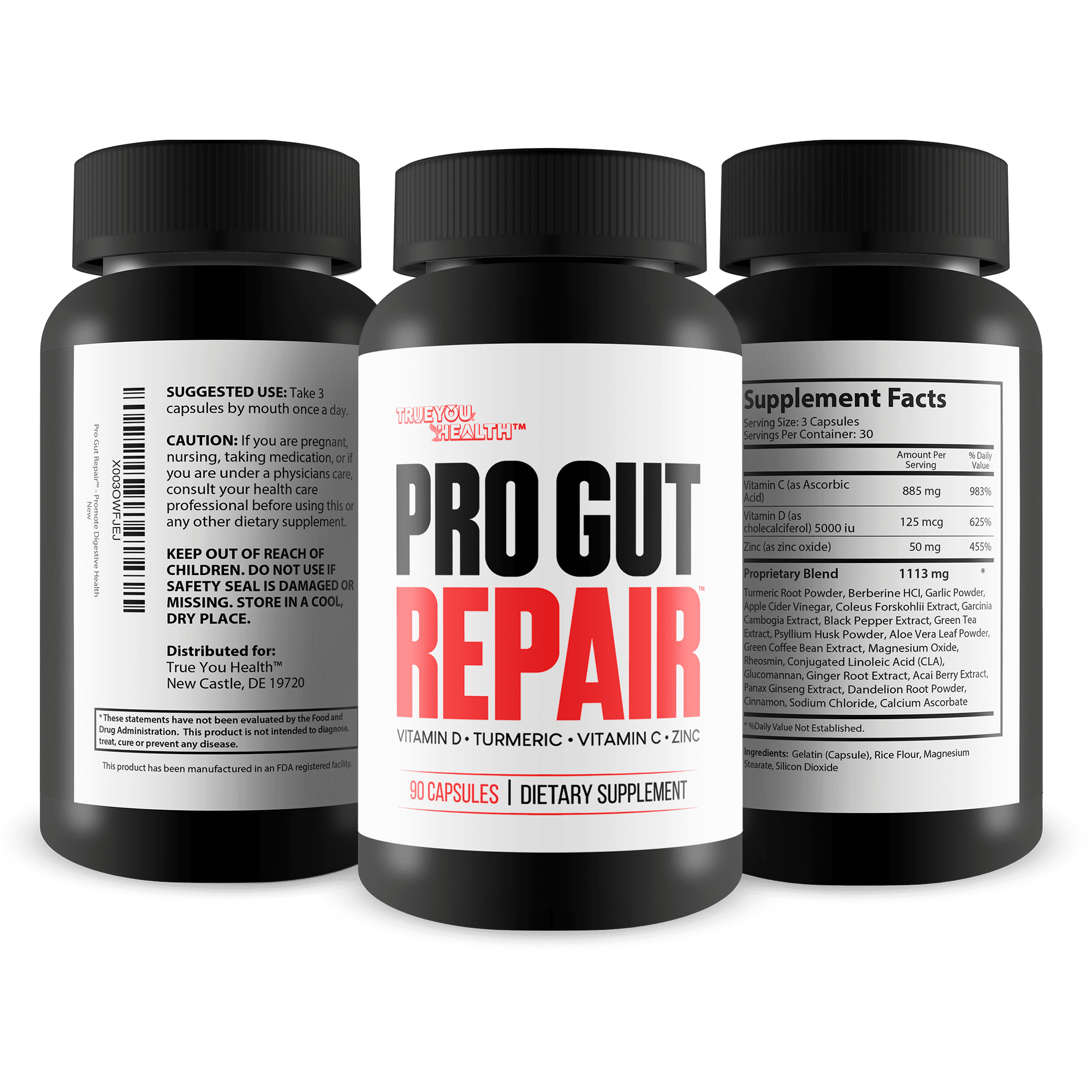 Pro Gut Repair - Leaky Gut Repair Supplements - High Fiber Natural Formula w/Vitamin C & Vitamin D - Turmeric - Zinc Gut Lining Repair Support - Promote Digestive