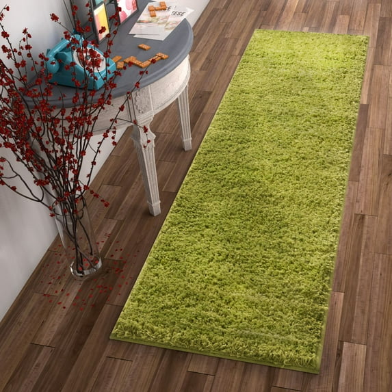 Solid Retro Modern Green Shag 2x7 (2'' x 7'3'' Runner) Area Rug Plain Plush Easy Care Thick Soft Plush Living Room Kids Bedroom