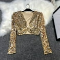 thumbnail image 6 of Hxshgdsn Womens Glitter Cropped Blazer Bolero Shrug Shiny Sequin Long Sleeve Tops Dance Party Gold S, 6 of 9