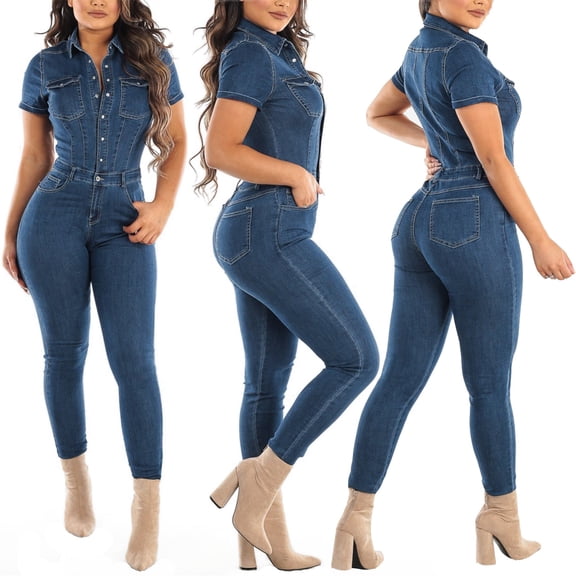 Joernso Women's Skinny Stretch Denim Jumpsuit Button Down Lapel Slim Fit Long Overalls Short Sleeve Full Length Jeans Rompers