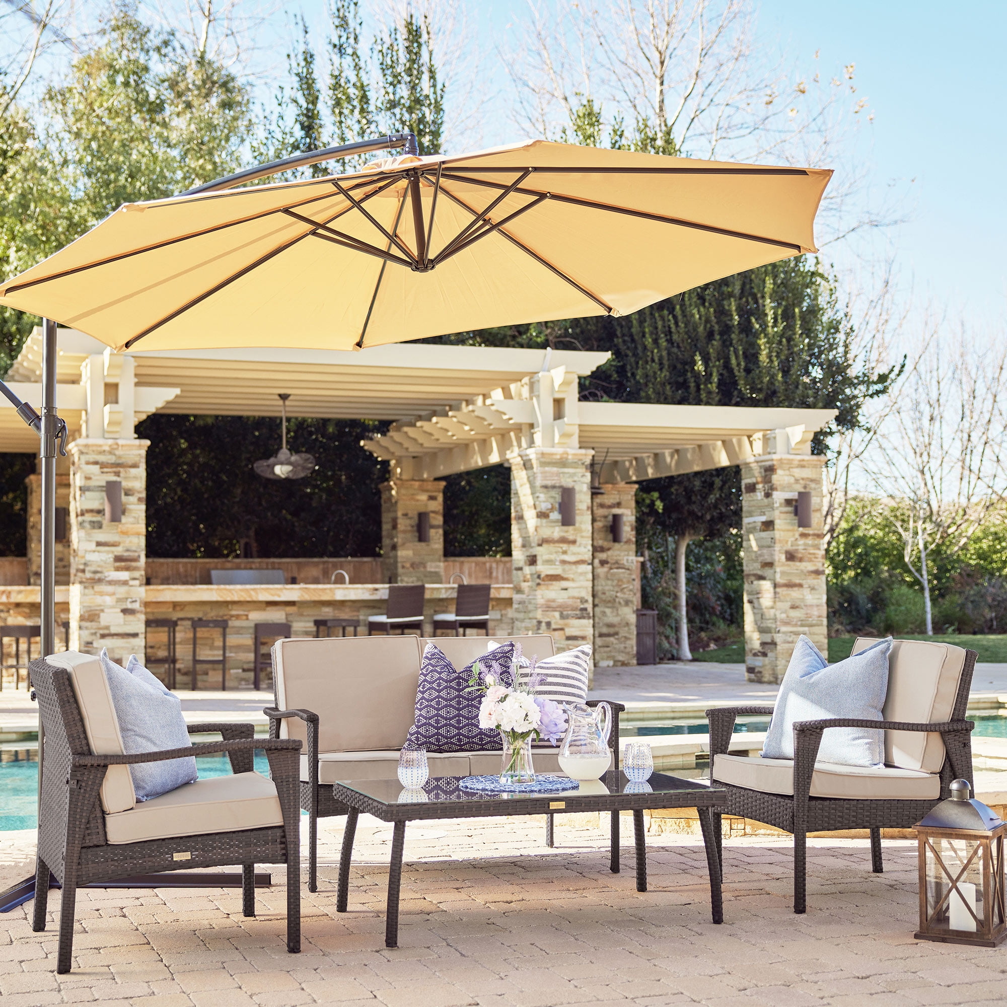 BELLEZE 4PC Outdoor Patio Set Furniture UV Resistant Lounge Cushions Wicker Love Seat Glass