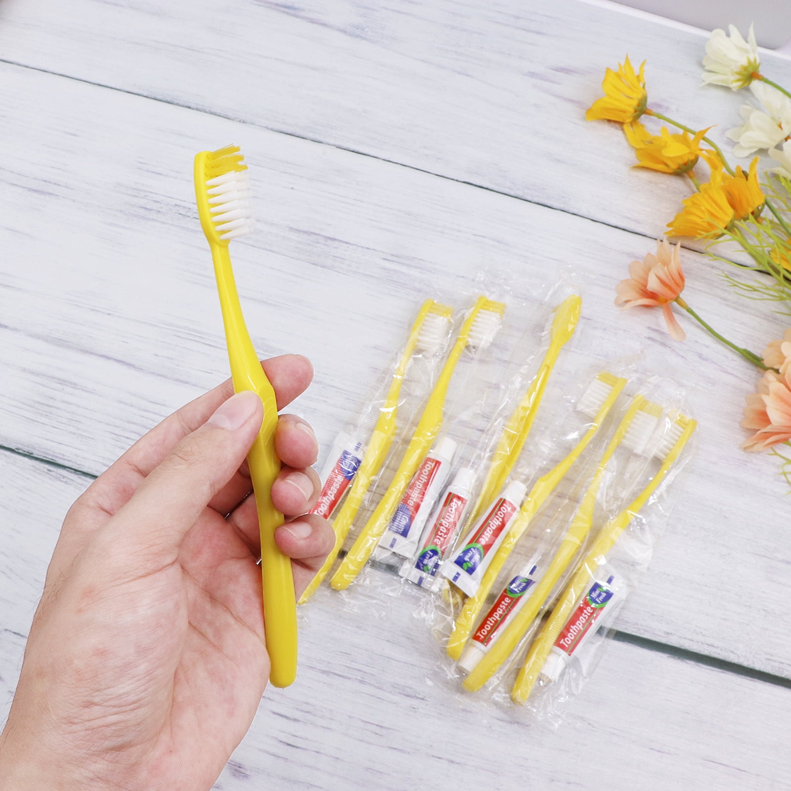 Disposable Toothbrush with Toothpaste Set Pack of 130,Hollow Yellow Individually Wrapped Manual Travel Toothbrush Kit in Bulk Toiletries for Adults,Kids,Hotel,Charity,Homeless,Nursing Home