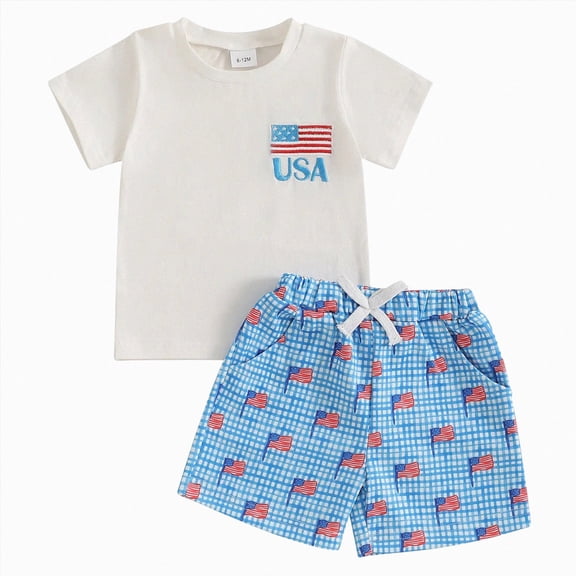 Duqingm Toddler Infant Baby Boys Summer Outfits 1T 2T 3T 4T 5T Fourth of July Clothes USA Print Short Sleeve T-Shirt Flag Short Set(Blue,0-6 Months)