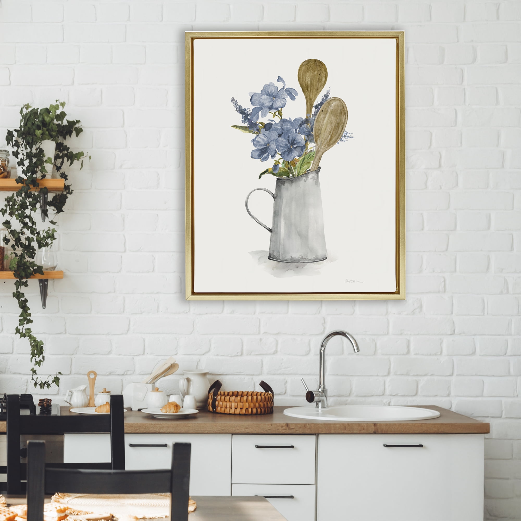 Stupell Industries Kitchen Spoons & Blue Blooms Gold Framed Floater Canvas Wall Art, design by Carol Robinson