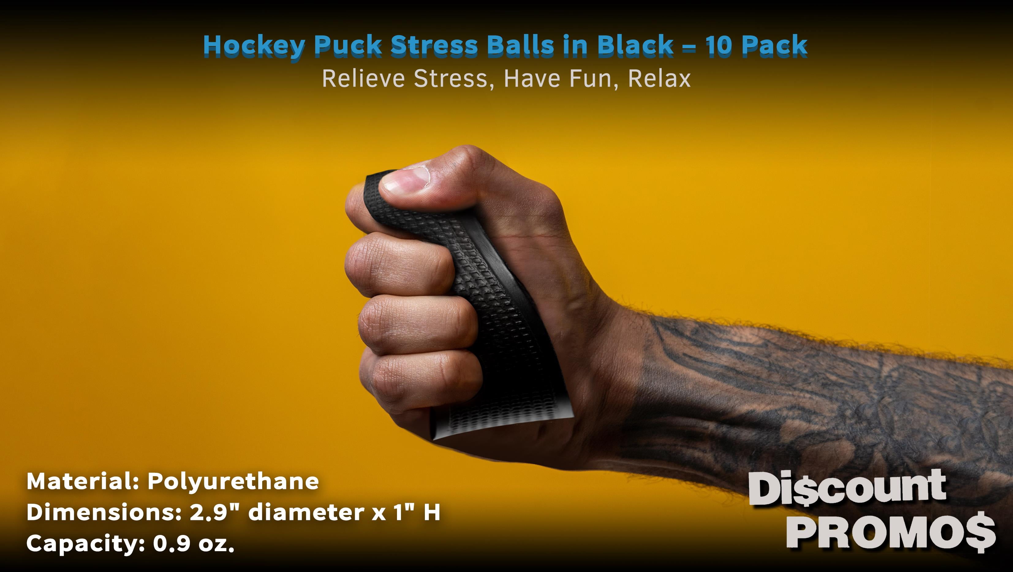 10 Hockey Puck Stress Balls Pack - PU Foam, Soft, Squeezable - Black