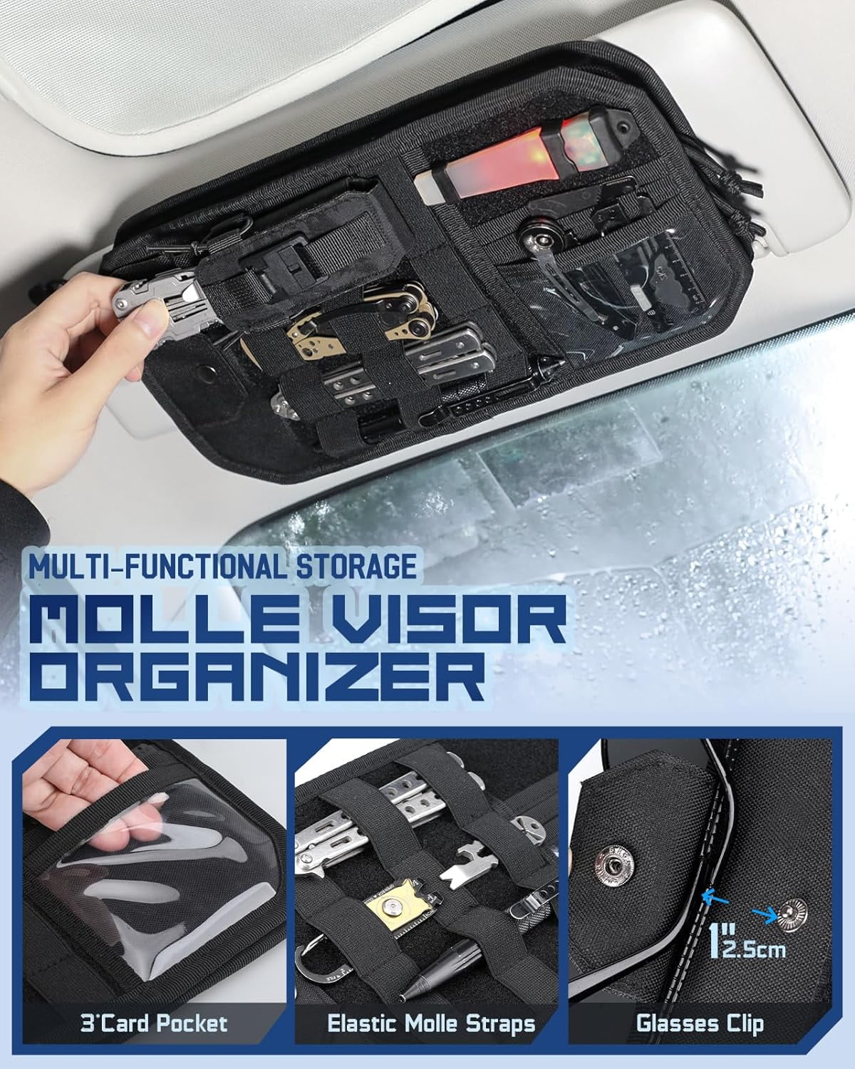 Molle Car Sun Visor Organizer with Zipper Storage Pouch & Glasses Holder, Auto Semi-Rigid MOLLE Panel for Police Gear Overland Accessories, Fit Most Cars, Trucks, Patrols Vans
