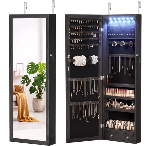 TINKLE WELL Jewelry Cabinet Organizer with Mirror, Modern Wall or Door Mounted Jewelry Storage, 47.2 Inch Large Capacity Armoire with 6 LEDs Secure Lock, Adult, Black