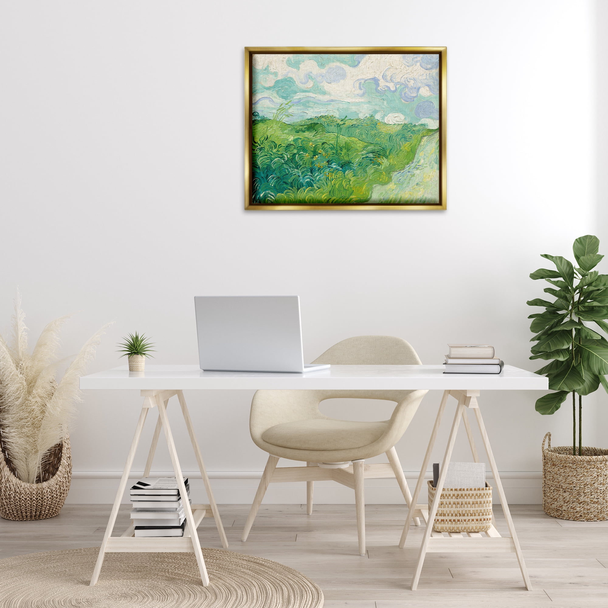 Stupell Industries Van Gogh Green Wheat Field Landscape & Nature Painting Gold Floater Framed Canvas Art Print Wall Art, 31 x 25