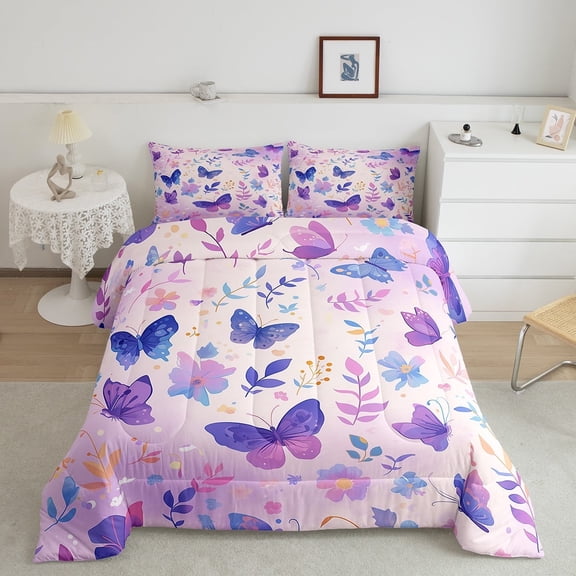 Purple Butterfly Bedding Queen Size Chic Animals Comforter Set Queen , Pink Blue Floral Duvet Insert Botanical Leaves Quilt Set, Watercolor Flower Bedding Comforters & Sets