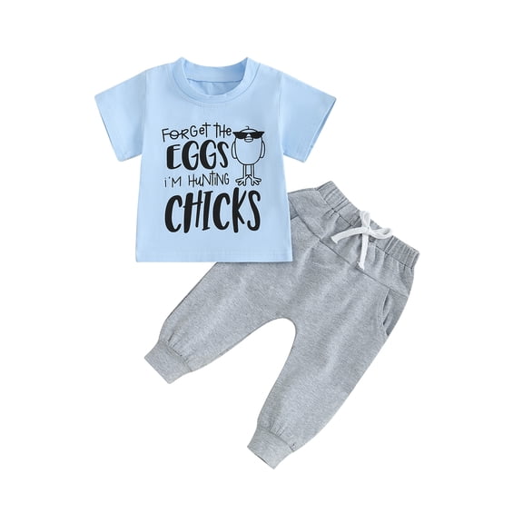 Bslissey Toddler Baby Boys Easter 2Pcs Outfits Short Sleeve Chick Letter Print T-shirt   Pocket Pants 6M 12M 18M 24M 3T Infant Summer Clothes Set for Casual Daily