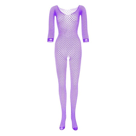 Rigardu Hot Sale!! Women s One Piece Fish*Net Ling*erie Bodysuit Mesh Bodystocking Tights Nightwear Jumpsuit Underwear Women Sleepwear Nightwear Underwear Bodysuit Sleepwear Purple One Size