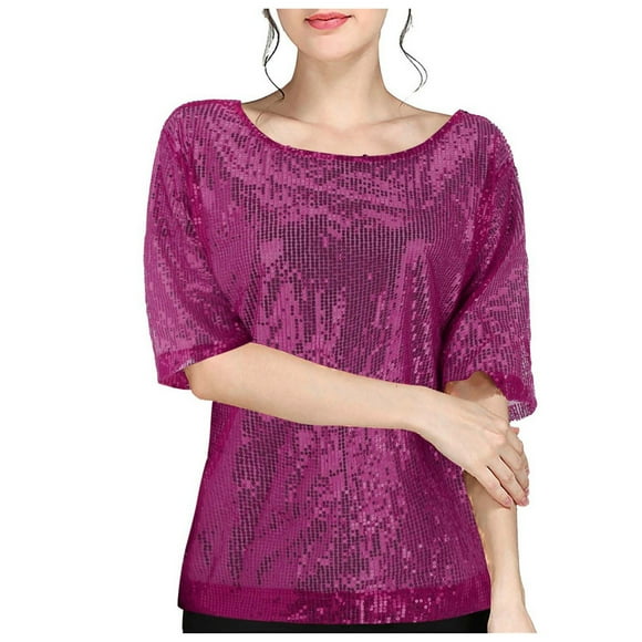 Womens Summer Tops Casual Solid Color Sequin Round Neck Short Sleeve T Shirt Top Oversized Tshirts for Women Hot Pink XXXXXL