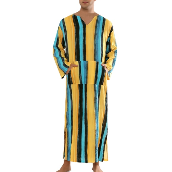INSPIRE CHIC Striped Nightshirts for Men's V Neck Long Sleeves Pajamas Nightwear M Yellow Blue