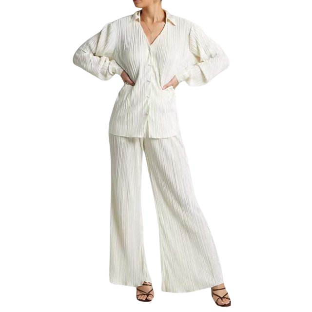 VISgogo - Conjunto de pantalones para mujer, blusa fruncida de manga larga con cuello en V y cuello de solapa + pantalones elásticos de longitud completa VISgogo moda