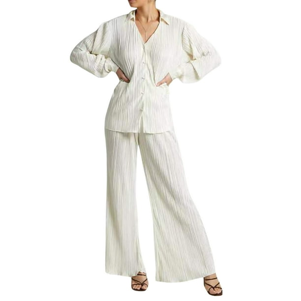 VISgogo - Conjunto de pantalones para mujer, blusa fruncida de manga larga con cuello en V y cuello de solapa + pantalones elásticos de longitud completa VISgogo moda