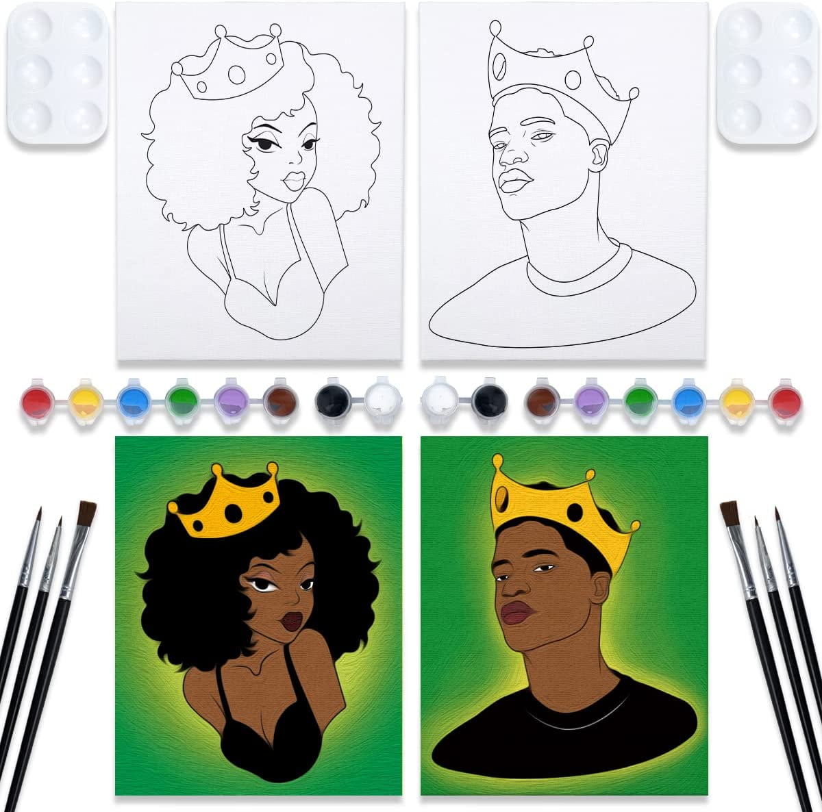 VOCHIC Canvas Painting Kit Pre Drawn Canvas Love Diy Canvas Se Party Canvas  for Paint and Sip for Adults Date Night Games for Couples（2pcs) Afro Queen  King 8x10 Paint Art Set 