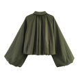 thumbnail image 5 of Sewkxo Womens Cropped Puff Sleeve Bomber Jacket Lapel Collar Pleated Full Zip Coat Spring Loose Fit Trendy Outerwear,Army Green M, 5 of 8