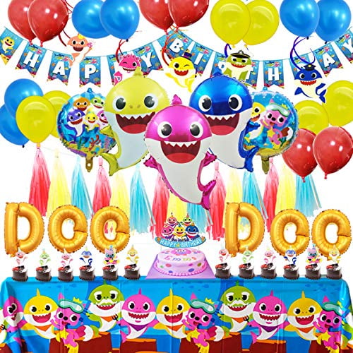 Shark For Baby Party Supplies 49 Shark Baby Decorations Pack Including 18 Latex Balloons 5 Shark Shaped Foil Balloons 6 Doo Doo Foil Balloons 13 Cake Toppers A Birthday Banner Table Cloth Walmart Com Walmart Com