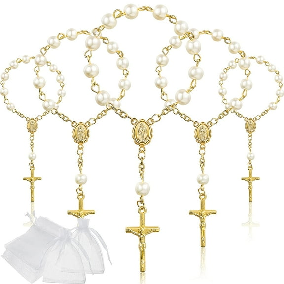 Dalrosia 10PCS Baptism Rosary Mini Acrylic Rosary Beads Favors Rosaries White Beads Chains with Bags for Baptism Christening Communion Party