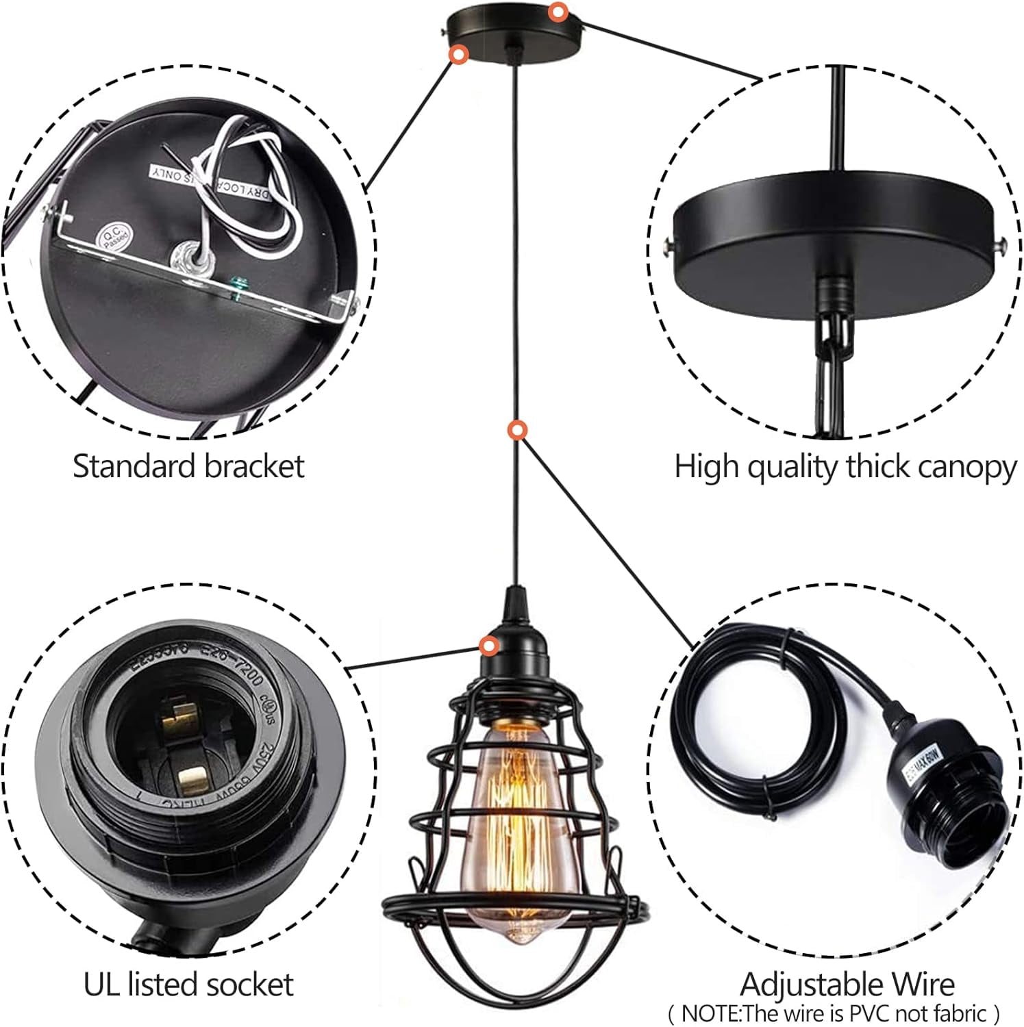 Industrial Pendant Light Adjustable Flush Mount Ceiling Lighting for Kitchen Island Living Room Bedroom Hallway Vintage Hanging Pendant Lights Fixture with Metal Cage Shade, Black