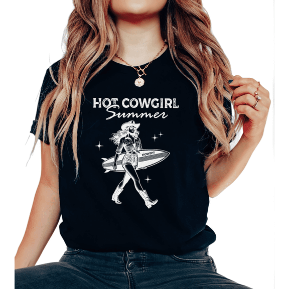 Black Print Tshirt Graphic Tees Loose Shirts S-5XL HOT COWGIRL Summer Trendy Cowgirl Surfboard HOWDY White Print Plain Western Tops