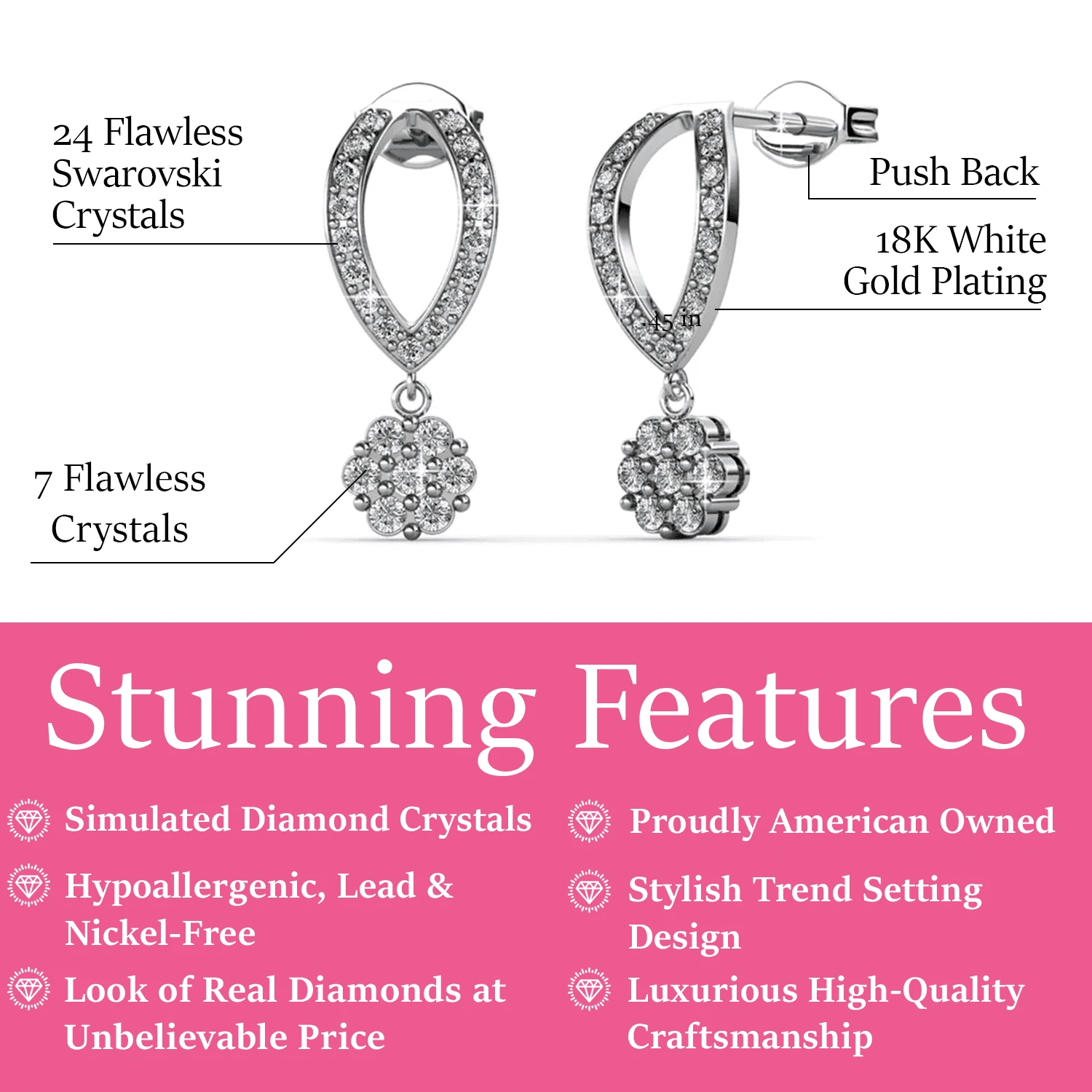 Cate & Chloe Megan 18k White Gold Plated Dangle Earrings with Swarovski Crystals Gift for Women