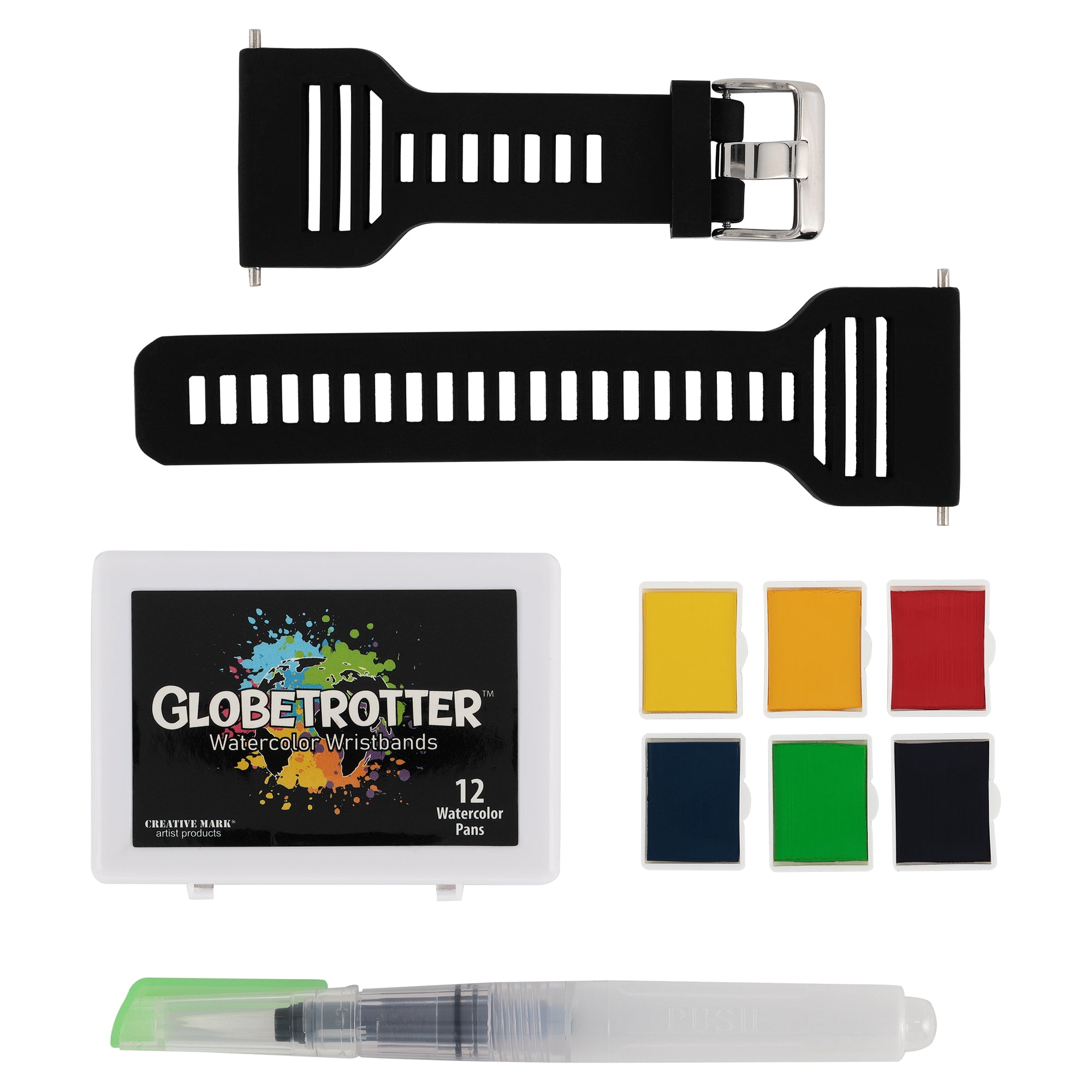 Creative Mark Globetrotter Watercolor Wristbands - Beautiful Watercolor Palette Held on Your Wrist! - Pan Set of 12