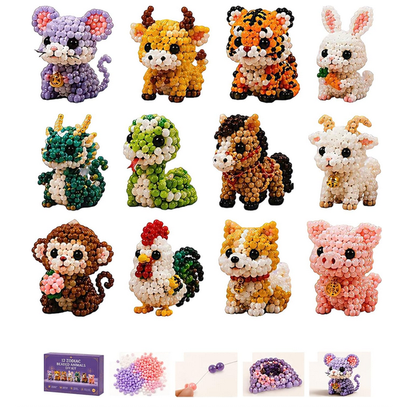 Cute Chinese Zodiac Animal 3D Beaded DIY Kit, Pearl Bead Handmade Mini Figurine, Beginner Beading Craft Set, Handmade Desk Ornament & Kids Zodiac Birthday Gift, Dragon Horse